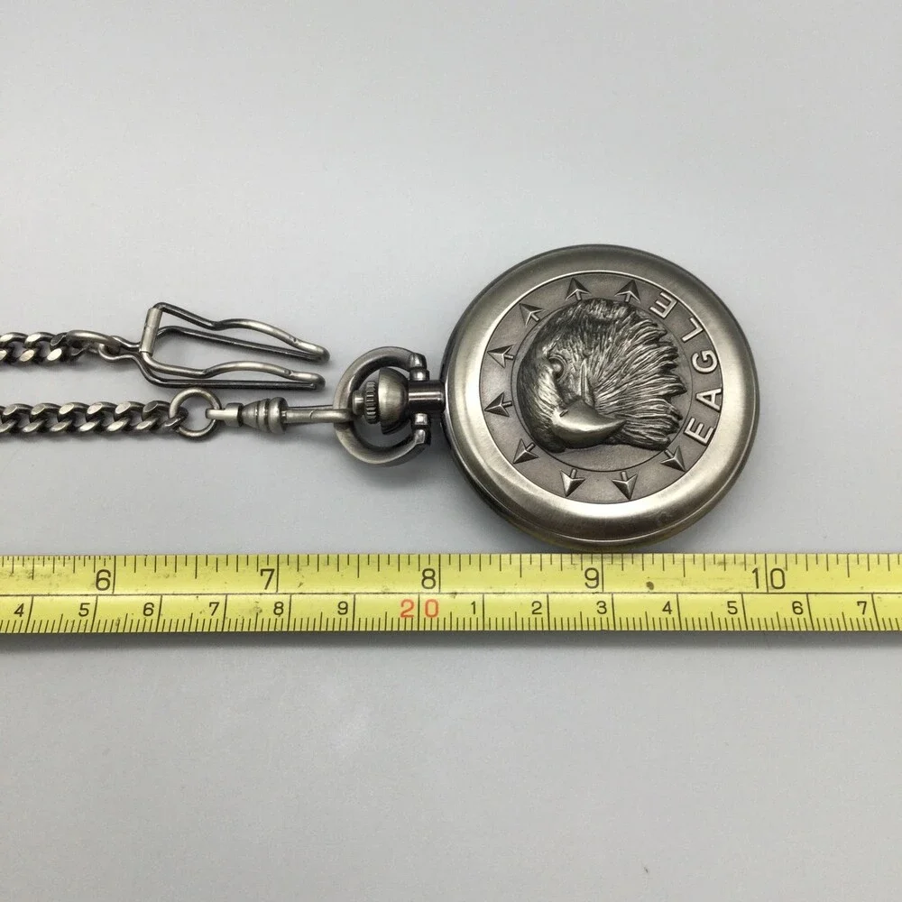 Majesti Bald Eagle Pocket Watch Men 51mm Silver Tone Full Hunter New Battery